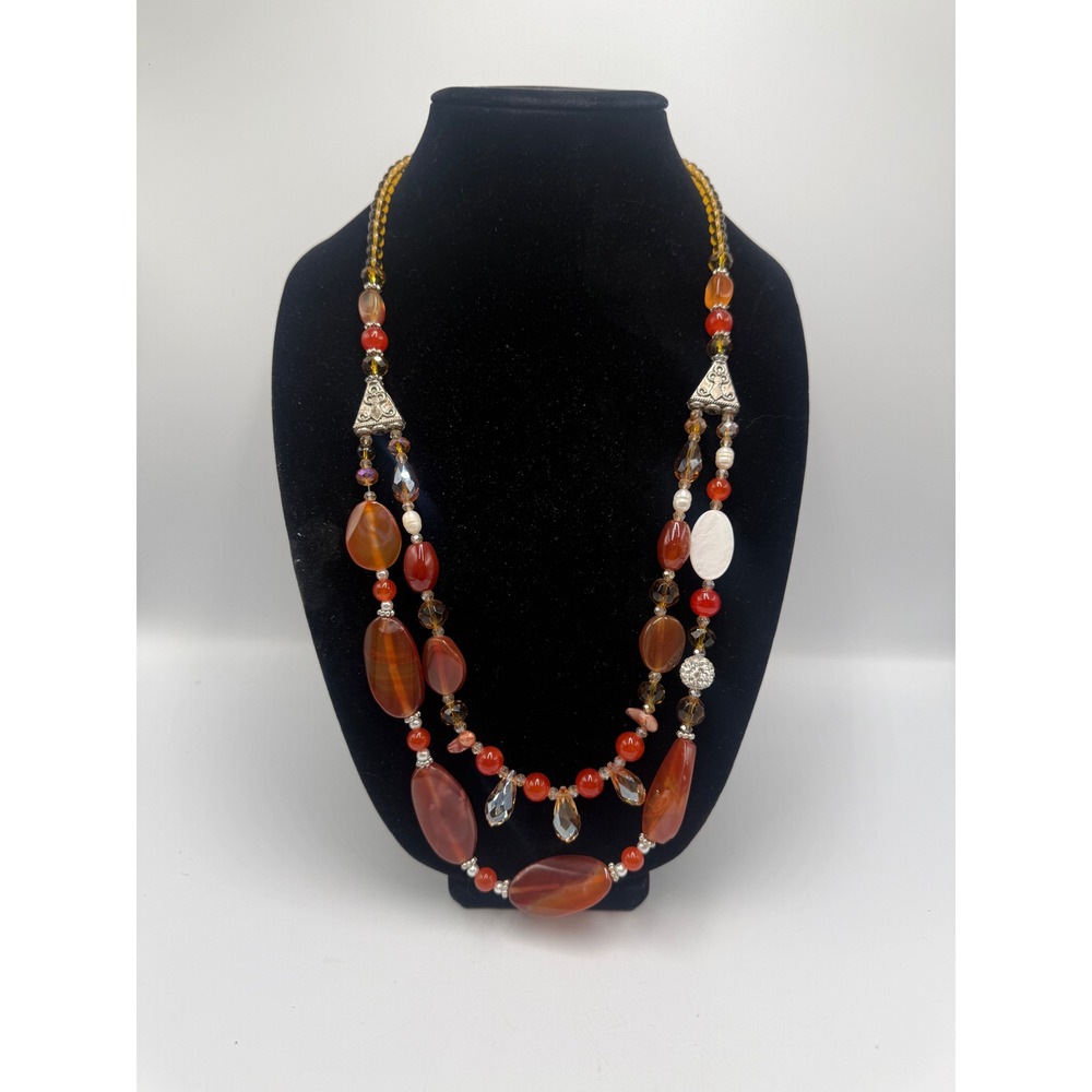Bohemian Multi Strand Beaded Statement Necklace Agate Pearl Amber Orange Brown